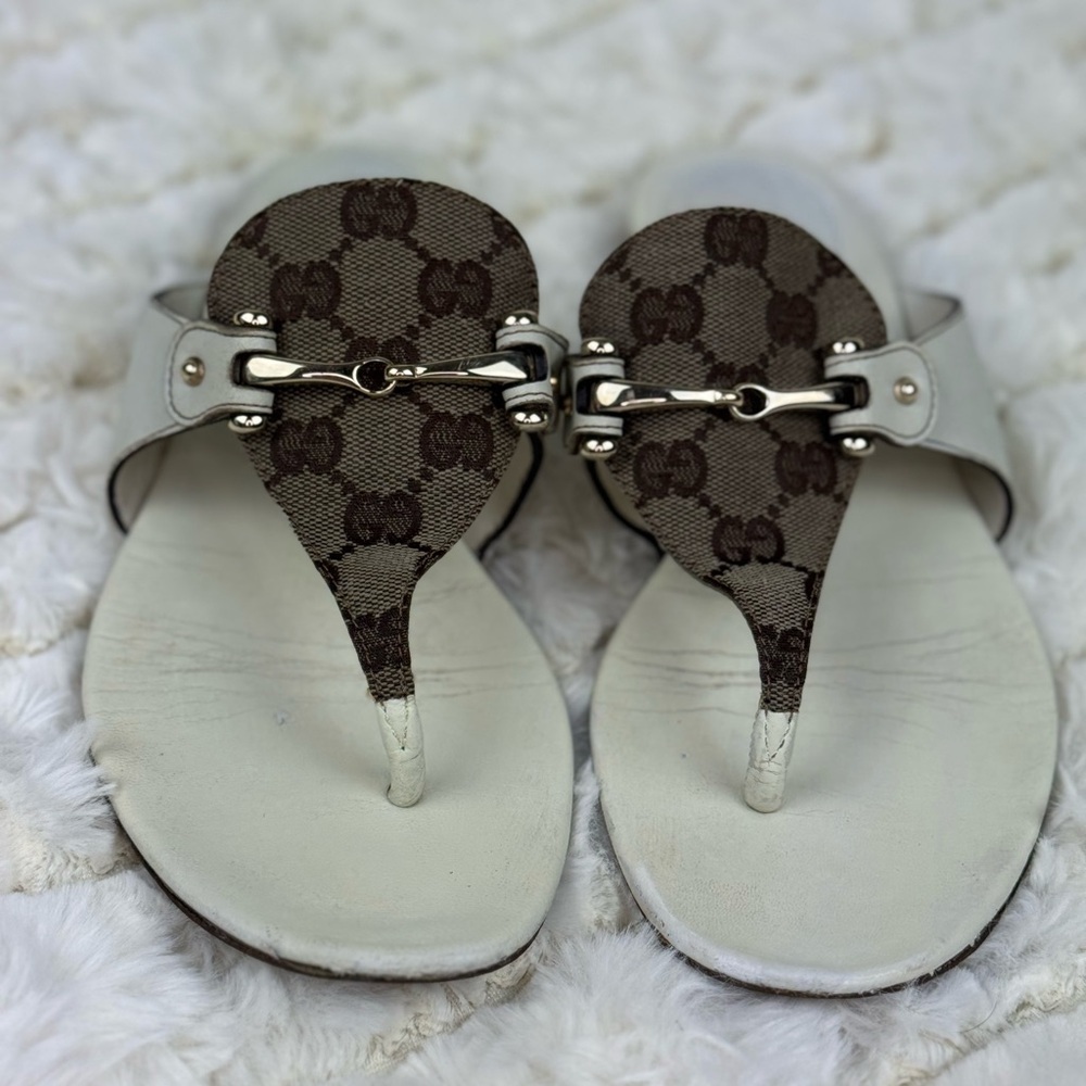 Gucci White and Brown Designer Sandals with Monogram Size 7 1/2 - Picture 2 of 13